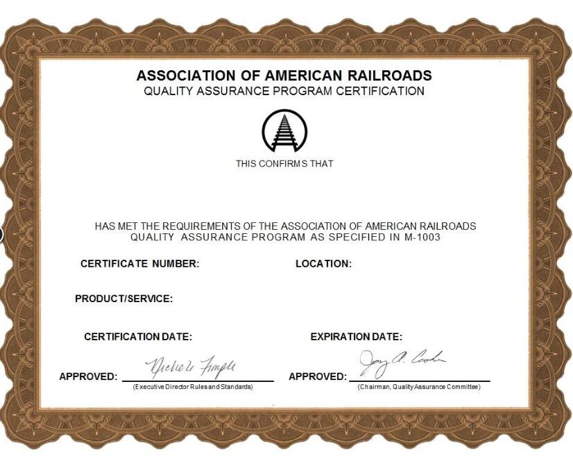 Luoyang LYC bearing Co., Ltd successfully pass ASSOCIATION OF AMERICAN RAILROADS QUALITY ASSURANCE PROGRAM CERTIFICATION.