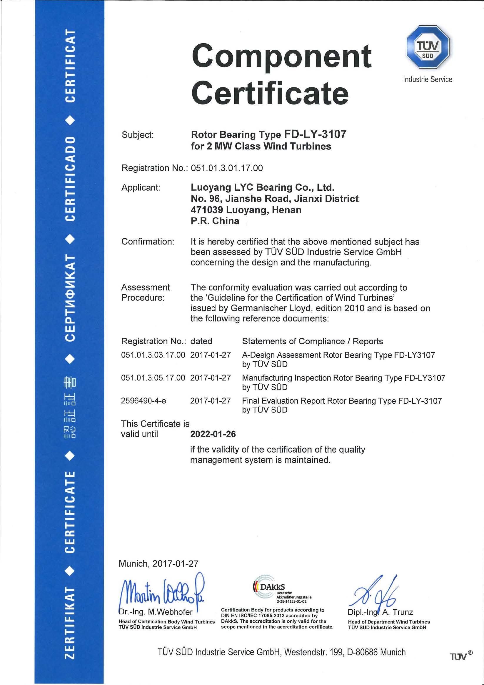 Luoyang LYC Bearing Corp. passed GL Wind power product certification